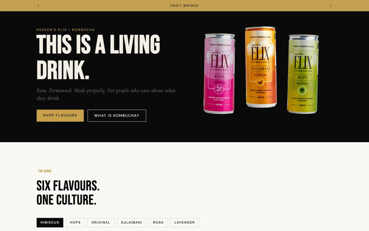 Heaven's ELIX Kombucha store on Shopify, desktop view