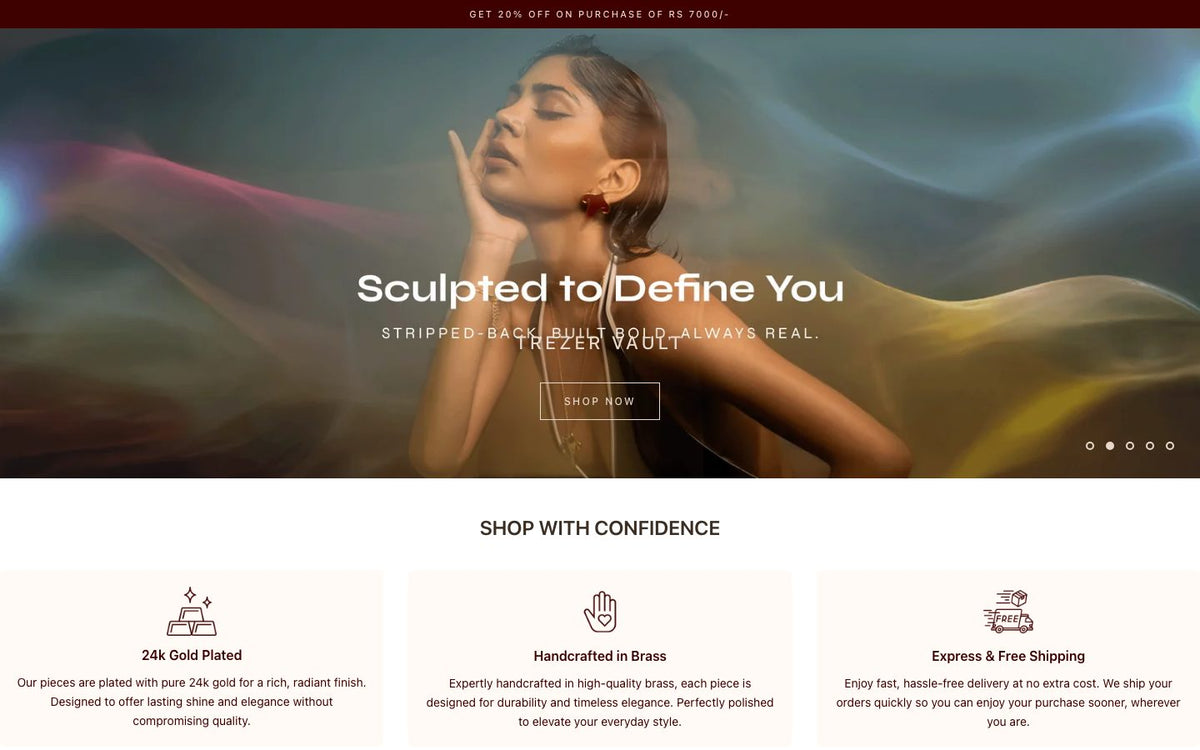 Trezer jewellery store on Shopify, desktop view