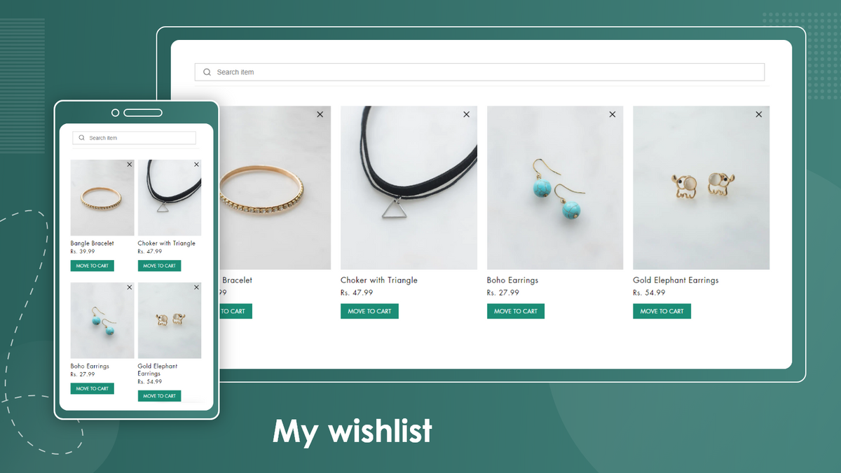 Wishlist page with saved products, add to cart and share buttons